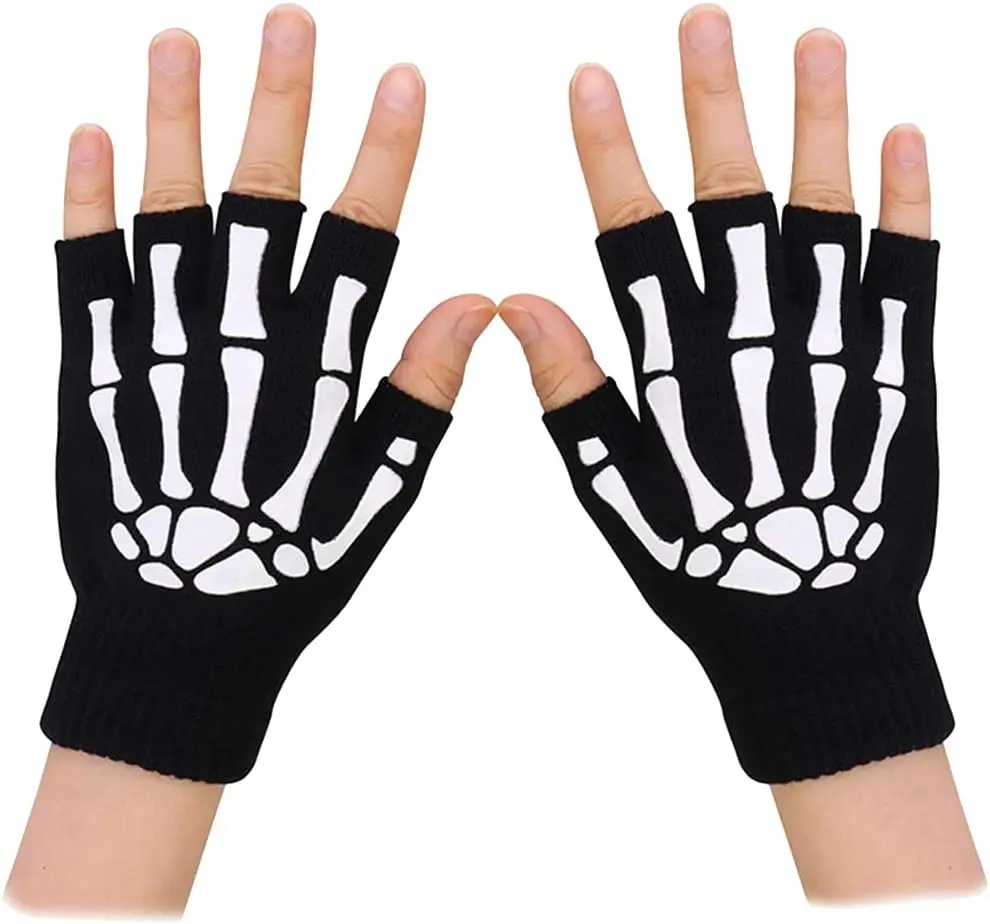 Criança crianças halloween esqueleto luvas sem dedos crescer crânio metade dedo luvas estiramento malha luvas traje de halloween