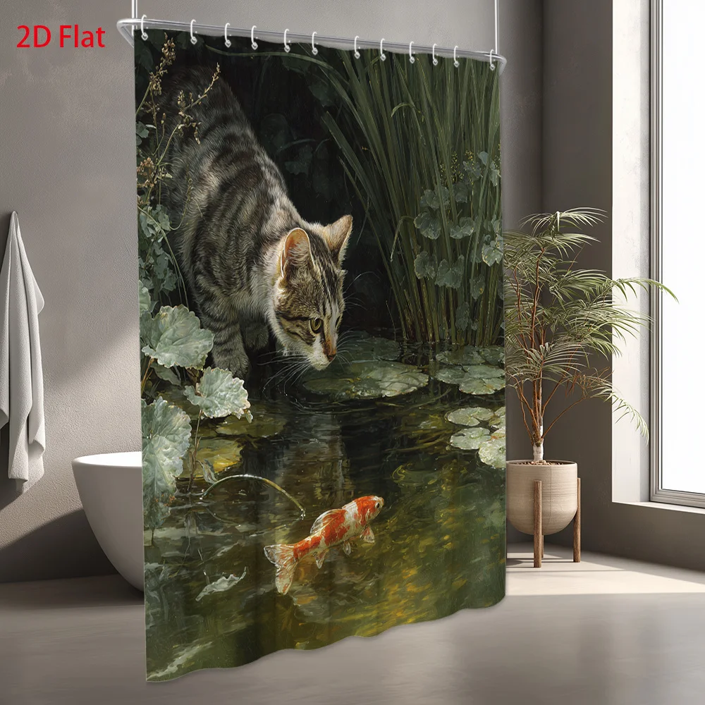 Waterproof Shower Curtain Cat Pond Koi Fish Art Print Woodland Tapestry Bathroom Decoration Tabby Kitten Nature Scene