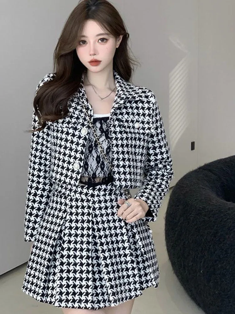 2024 Nuovo Sle ort Cappotto E Gonna Set da Donna a Vita Alta Plaid di Lana Dimagrante Faion Autunno Inverno Vestito a Due Pezzi