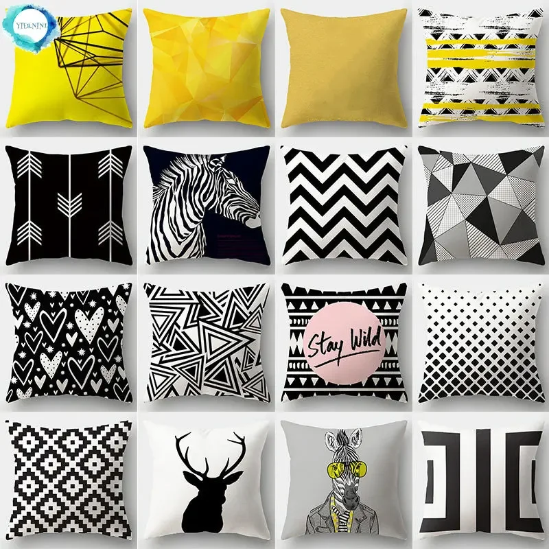 Simple Yellow Black Geometric Cushion Cover for Sofa Wave Line Square Pillow Case Letter Pillowslip Household Home Decor