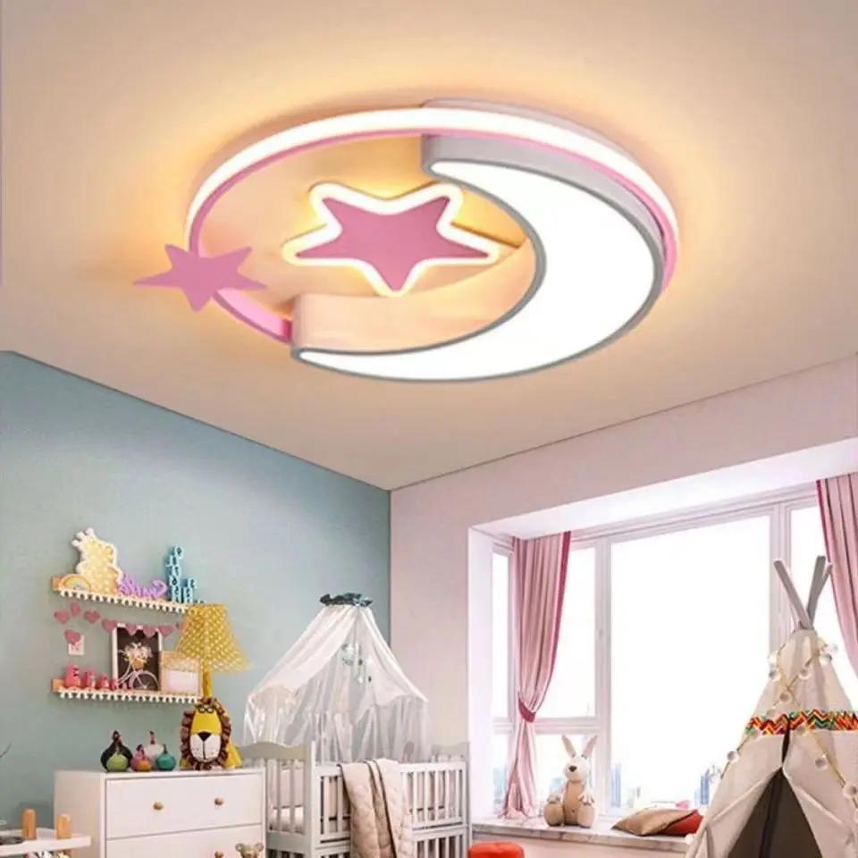 Lua e estrela LED luz de teto, luminária para quarto das crianças, quarto do bebê, lâmpada da menina, iluminação infantil