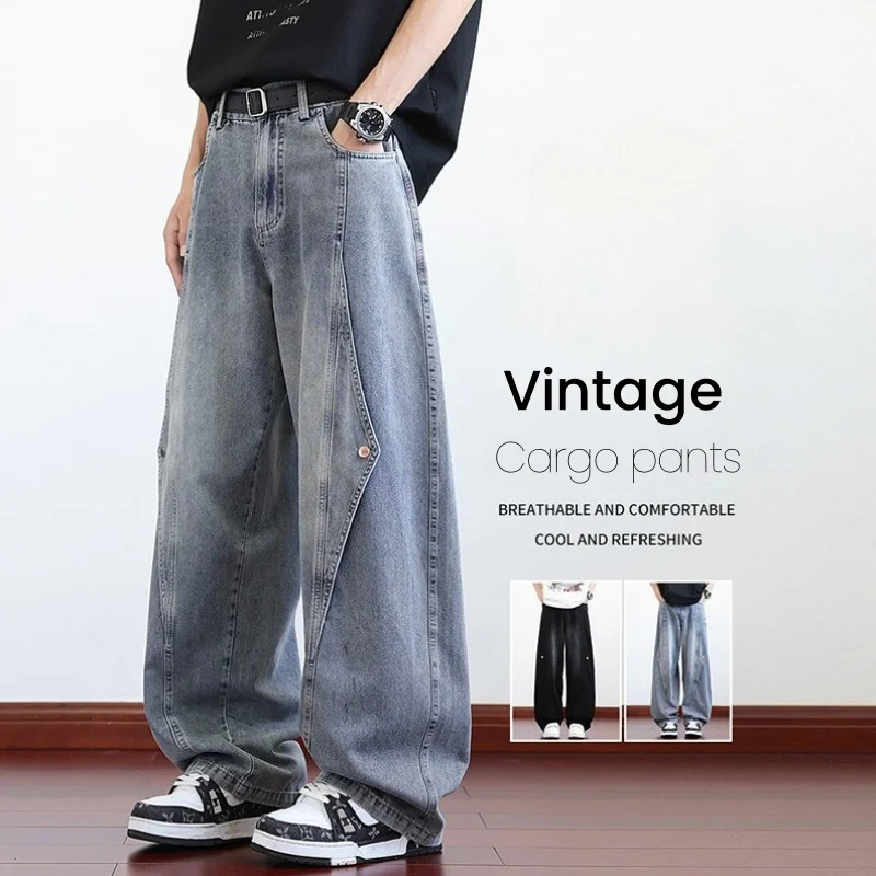 

Autumn Vintage Spliced ​​jeans Men's Fashion Personality Loose Casual Trousers Streetwear Korean Denim Pants Male