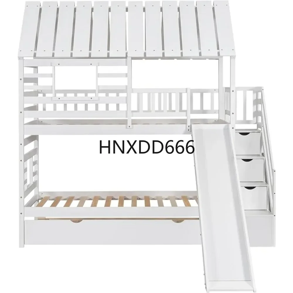 

Bunk Beds Twin Over Twin with Slide,Twin Bunk Bed with Storage Stairs and Trundle,Wood Kids Bunk Bed with Roof and Window Design