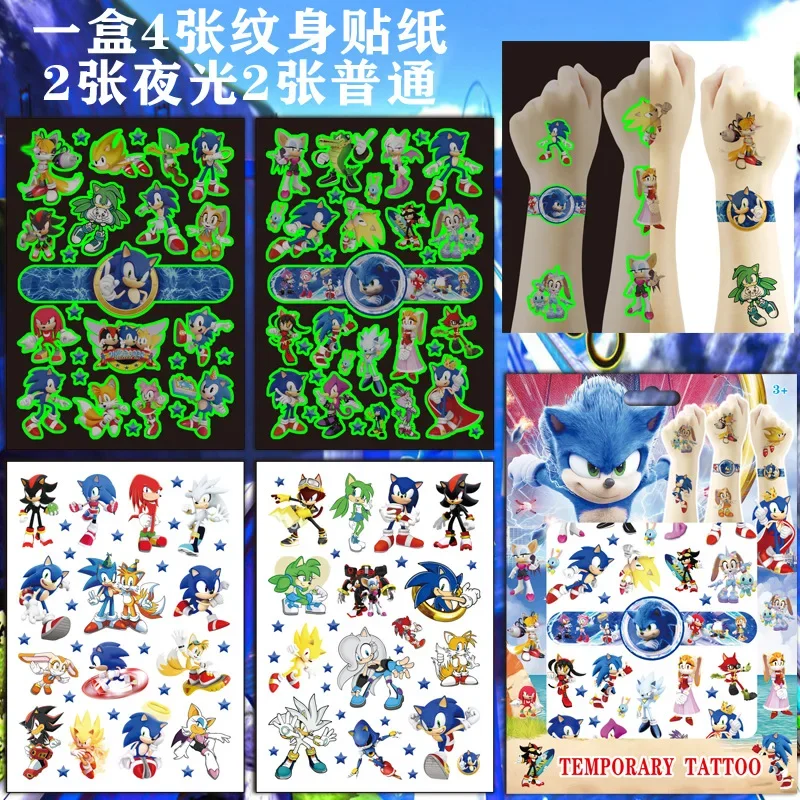 Hot 4sheet noctilucent and ordinary Tattoo sonic Stickers Waterproof Cute Sticker Funny Cartoon Kids Birthday Gifts Reward Toy