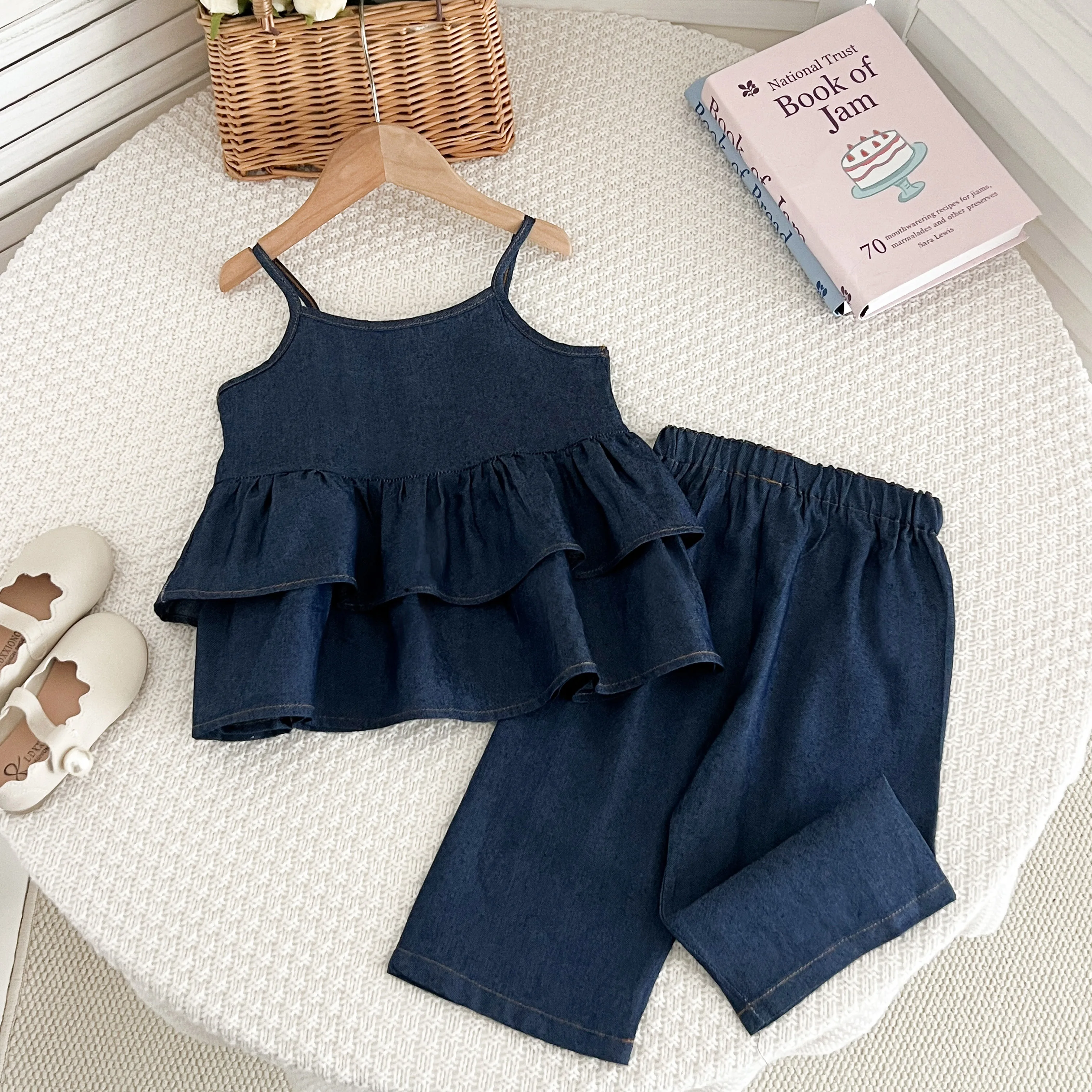 Humor Bear Girls' Set Summer Denim Layered Camisole Wide-leg Pants Casual Kids Clothes Suit 2pcs Outfits