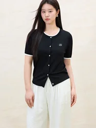 DUSHU Women's College Embroidery Knit Tee 2025 Summer Vintage Oversized Slimming Top Casual Loose T-Shirt Y2K Fashion Cardigan