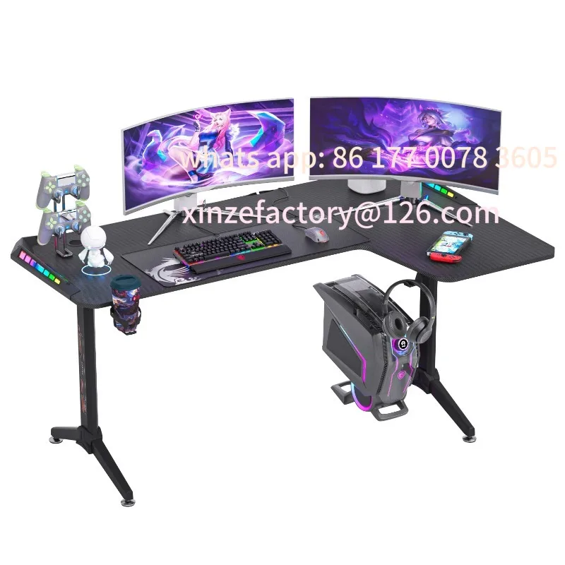 

Customizable L Shape Corner Desk Game Table with 6 Colors RGB Light Headphone Hook and Cup Holder