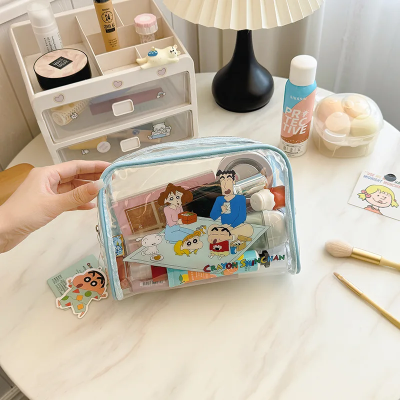 Bandai Cartoon Crayon Shin Chans Large Capacity Transparent Cosmetic Bag Kawaii Pen Case Portable Toiletries Storage Bag