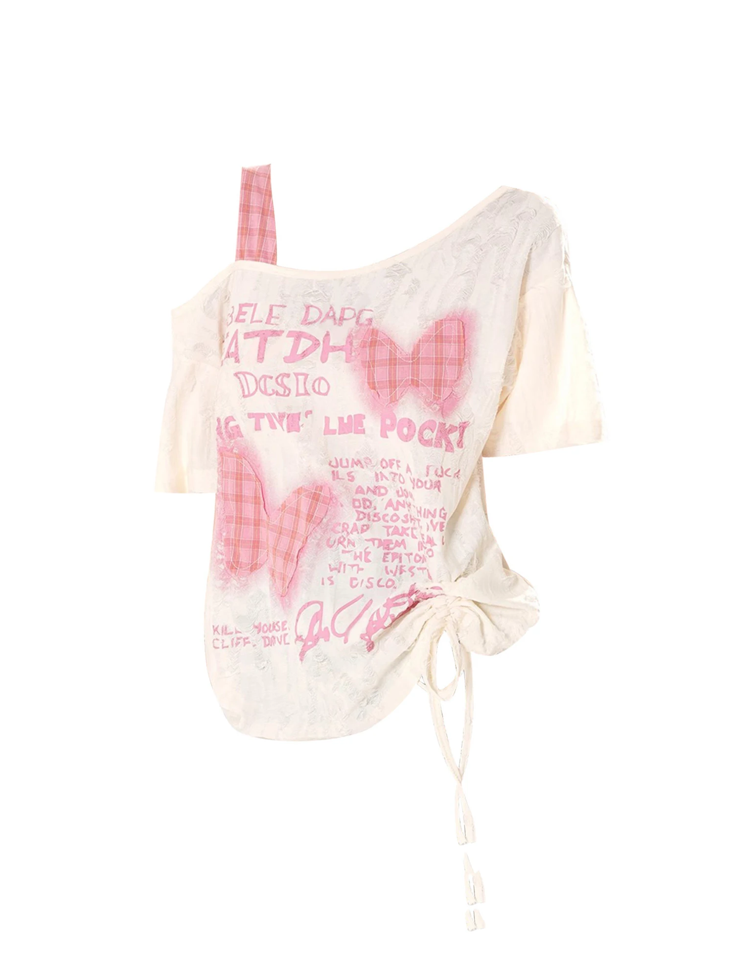 Women's Apricot Y2K T-shirt Vintage Aesthetic Short Sleeve Ripped Off Shoulder Letter Print T-Shirt Shoujo Girl Tee Top Summer