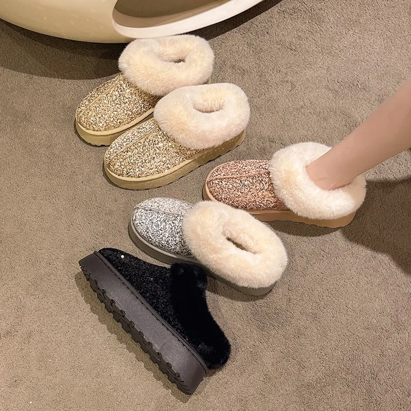 

Зимние ботинки из искусственного меха, женские 2024, модные теплые зимние ботинки из ткани с блестками, женские нескользящие утепленные плюшевые ботильоны, большие размеры 44