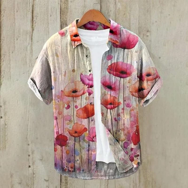 

Hawaiian Shirt Men's Vintage Summer Shirt Lotus 3D Printed Lapel Button Linen Short Sleeve Shirt Large Size XS-5XL Men's Clothin