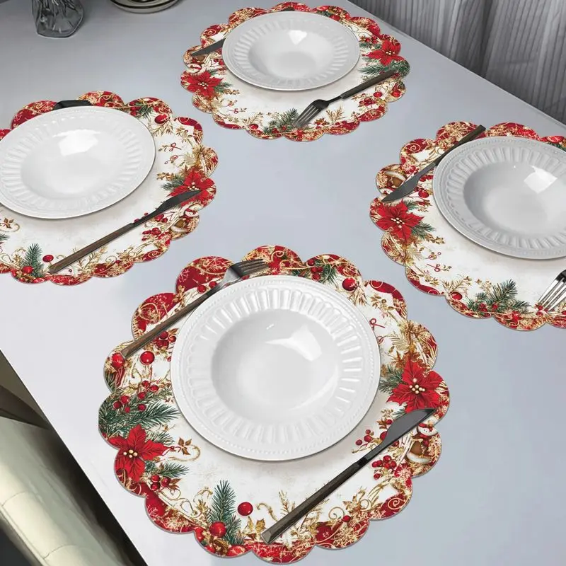 VIKAMA Ornate Scroll Poinsettia Evergreen Placemat White Backdrop Scalloped Edge Red Blossom Golden Holly Berry Xmas Table Mat