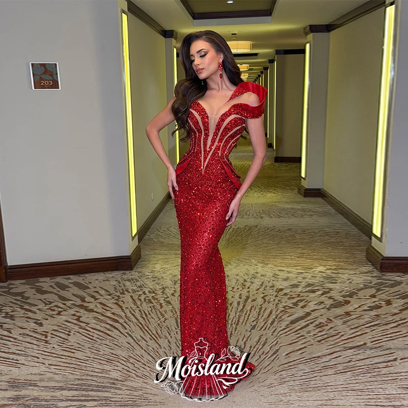 MOISLAND Customized Glitter Red Sequined Mermaid Prom Dress Beaded Crystals Pearls Long Evening Gowns Formal Dresses