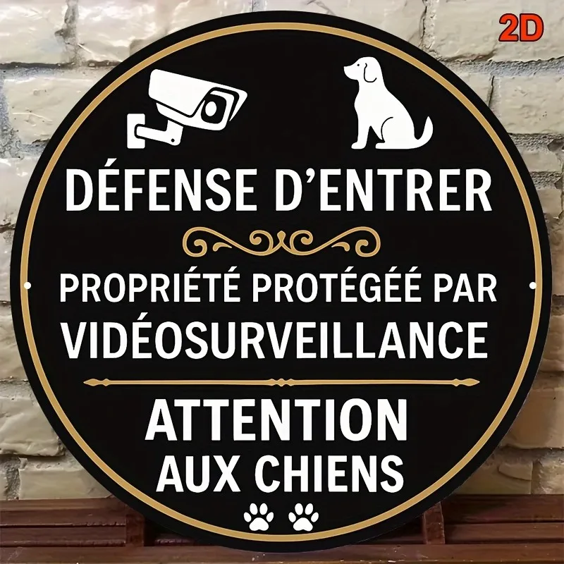 Rundes Aluminiumschild, französisches Warnschild mit Überwachungskamera und Hundesilhouette – langlebiges Aluminium-Wandhalterungsdesign