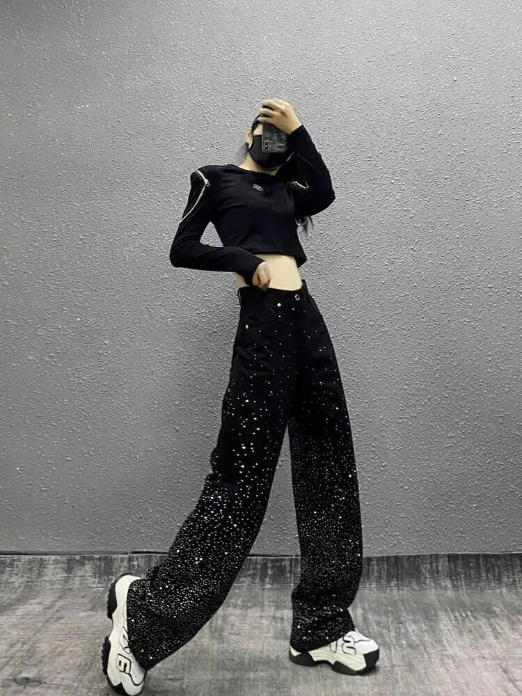 

2025 Women's Jeans Cool Rhinestone Black Jeans High Waisted Loose Slimming Versatile Straight Wide Leg Floor Length Pants