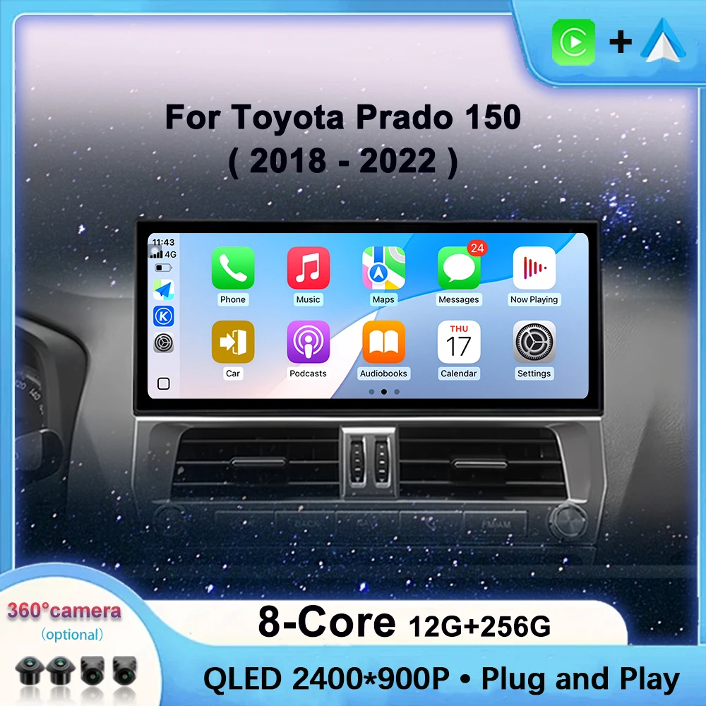 12.3 Inch For Toyota Land Cruiser Prado 150 2018-2022 Car Video Multimedia Player Touch Screen Android Auto Wireless Carplay DVR