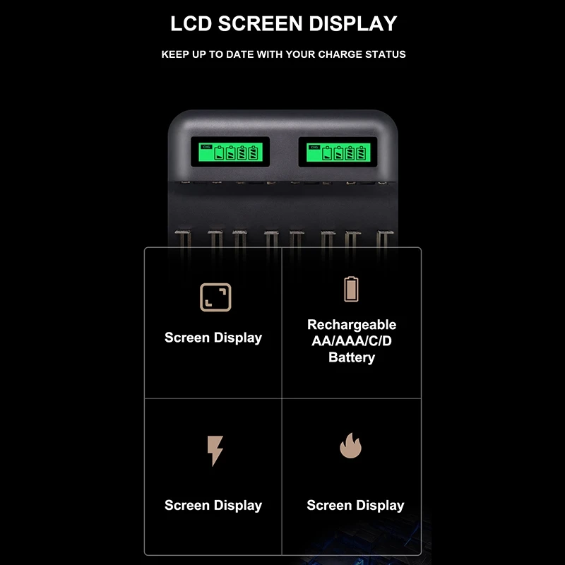 8 Slots Lcd Display USB Smart Battery Charger For AAA AA Sc C D Size Rechargeable Battery 1.2V Ni-Mh Ni-Cd Quick Charger