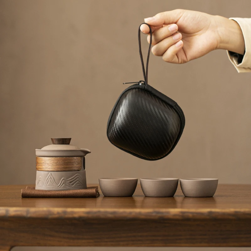 

Chinese Style Purple Sand Portable Quick Cup One Pot Fills Three Cups Travel Tea Set Suit Outdoor Teapot Storage Bag