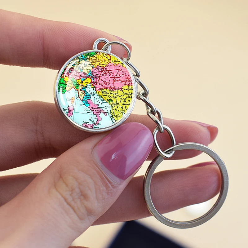 European Countries Map Keychain France Spain Poland Germany Poland Italy Vintage Map Glass Ball Key Chain Ring Travel Gift