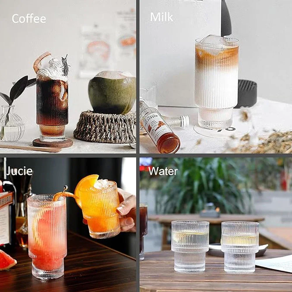 2pcs Coffee Glass Cups Stackable Glassware Stripe Transparent Drink Mugs for Cocktail Bar Beverage Soda Milk Juice Cup Drinkware