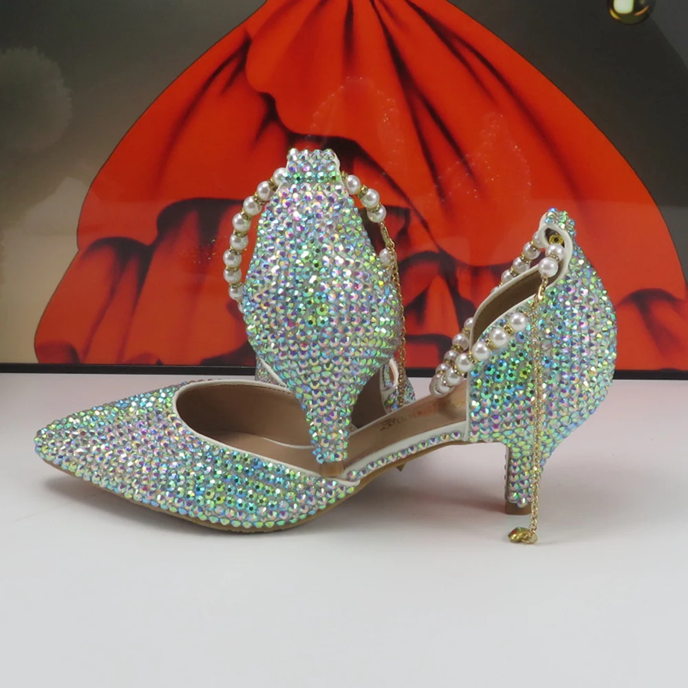 ¡Novedad de 2024! Zapatos de boda AB con diamantes de imitación y punta estrecha con perlas, zapatos de mujer poco profundos con correa en el tobillo y tacón fino