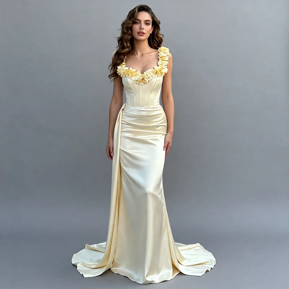 

Elegant Party Dresses Champagne Satin Mermaid Wedding Dress 3D Floral Sweetheart Sharon Happy Evening Dresses ES64104D