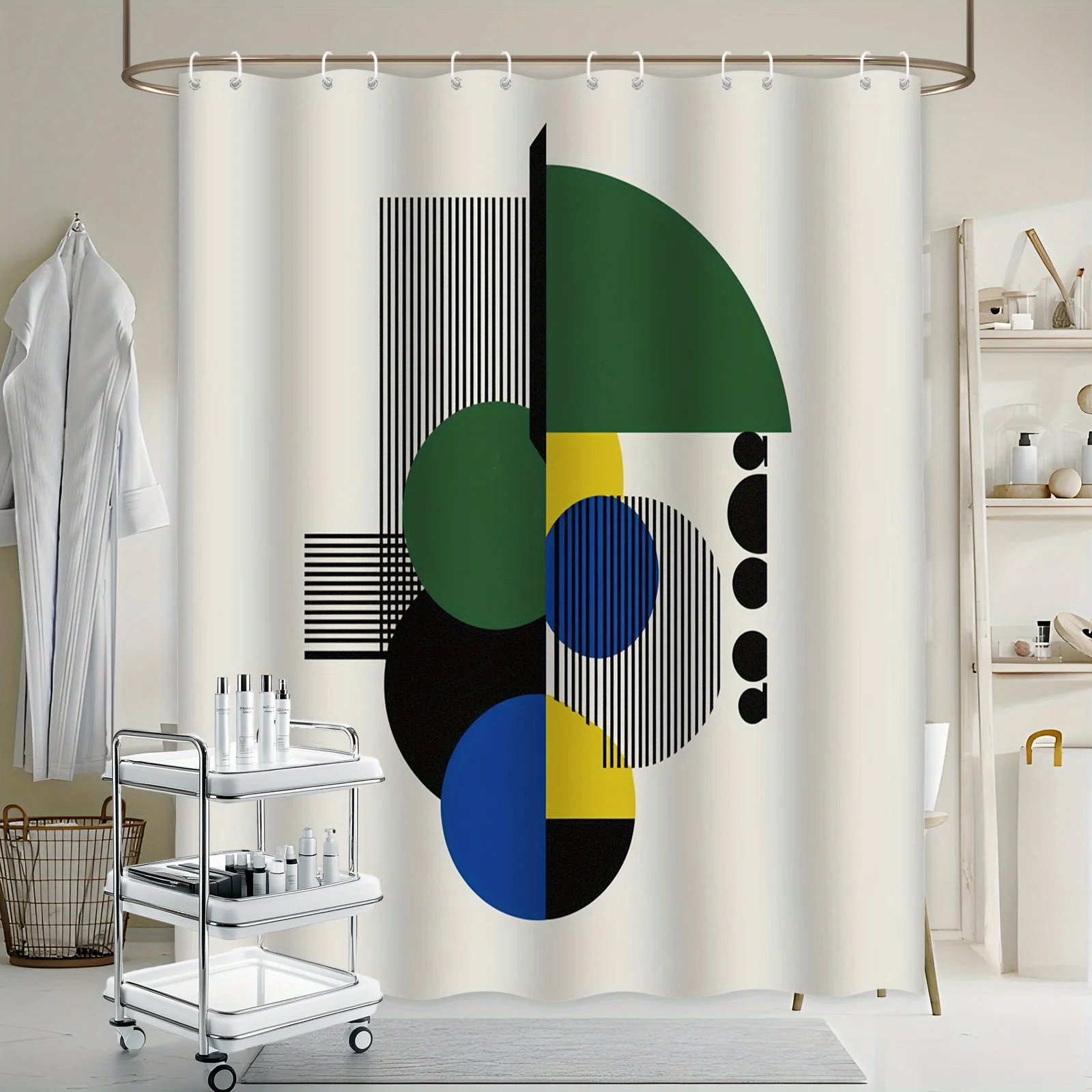1pc Modern Abstract Shower Curtain Green Yellow Blue Overlapping Circles Black Lines 2D Flat Bathroom Decor with Hooks Machine