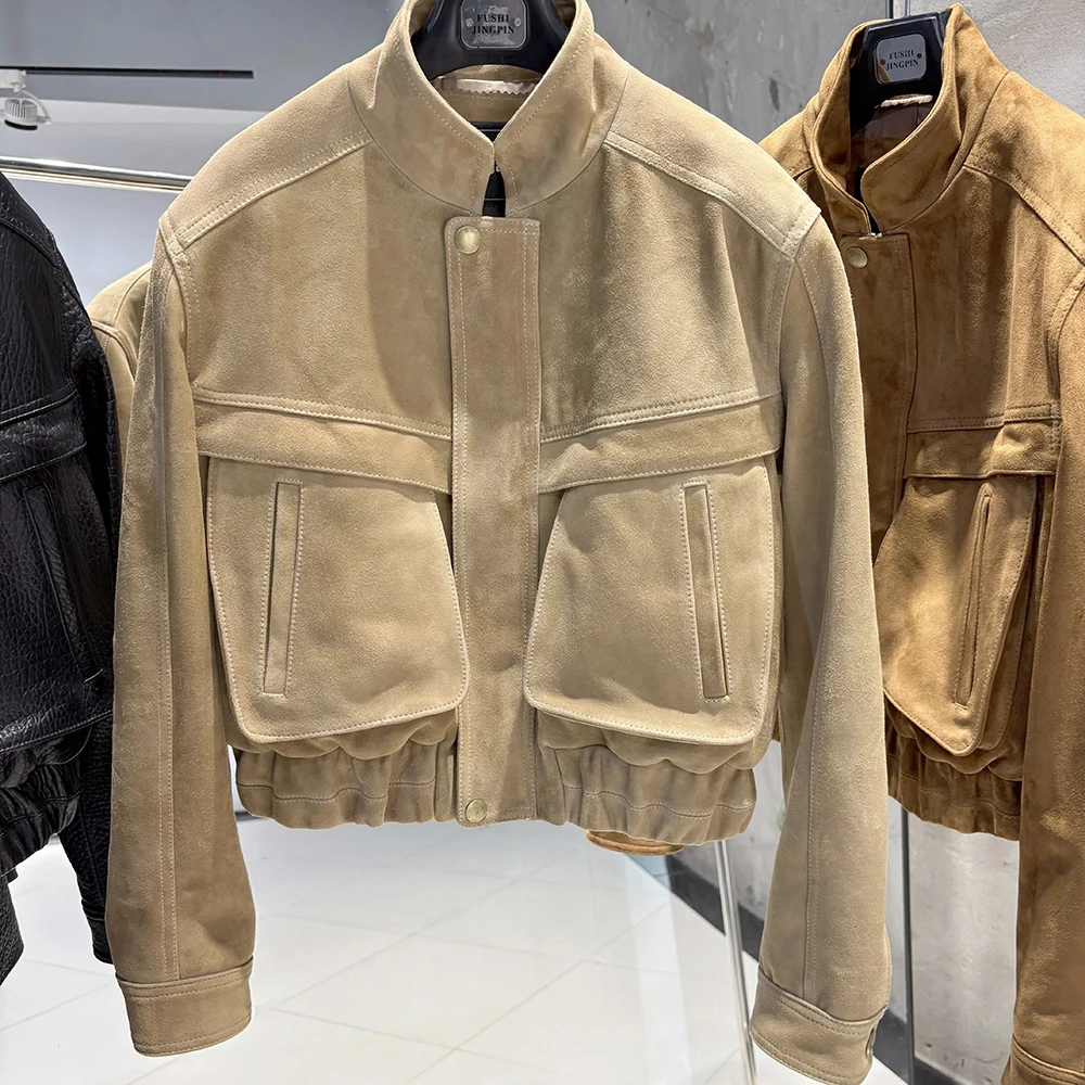 YOLOAgain 2026 Spring Short Suede Bomber Jacket Women Genuine Sheepskin Leather Jacket Ladies