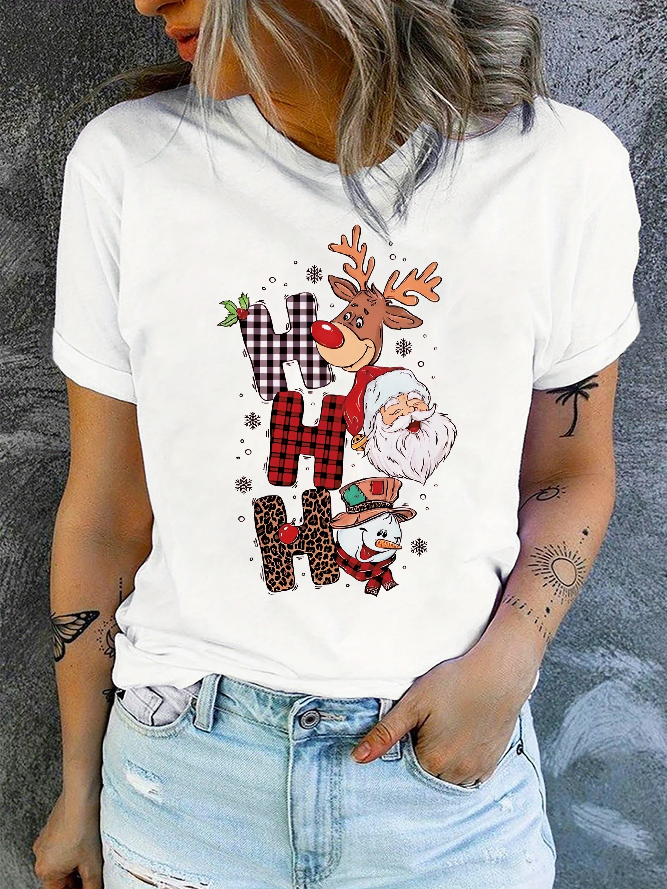 Santa Claus Novel H Letter Snowman Reindeer Graphic Harajuku Breathable Print Round Neck  Sleeve  Christmas Casual T-Shirt