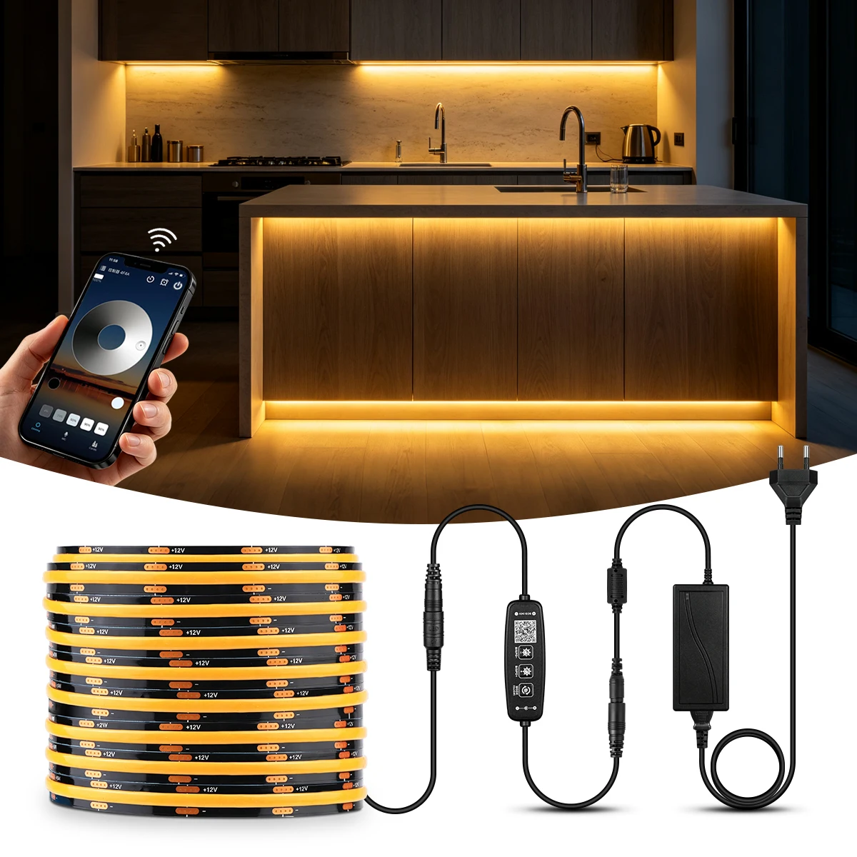 5M 10M COB LED Light Strip 12V Dimmable RF Remote BT APP Control for Bedroom Wardrobe Kitchen Cabinet