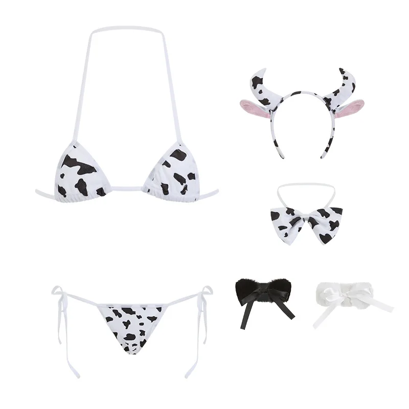 Cosplay Women Sexy Underwear Cute Cow Set Sexy Backless Halter Nightdress Pajamas Lingerie Uniform Costume