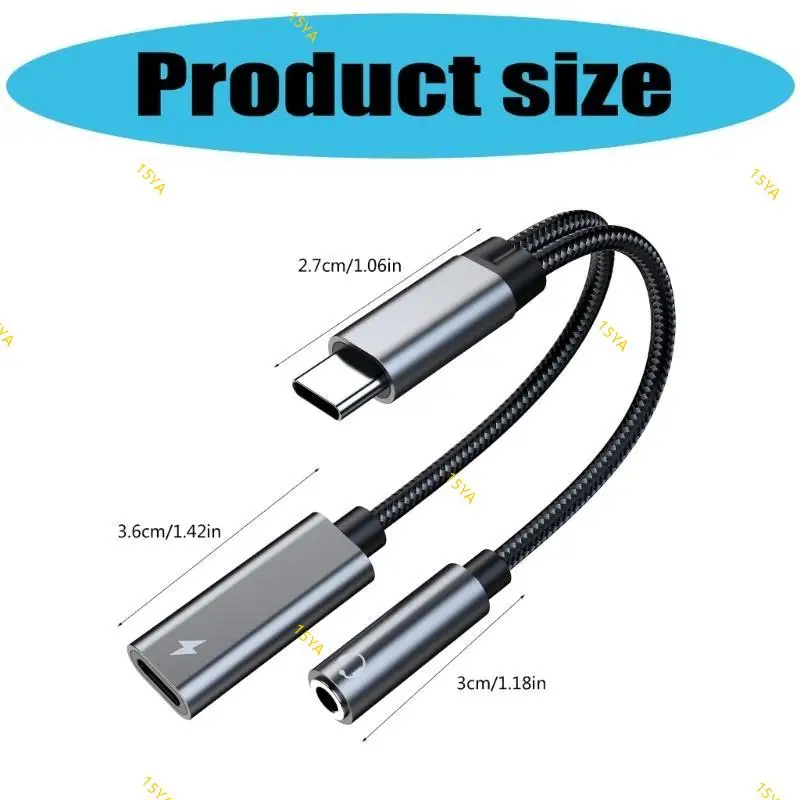 

15YA Type C to 3.5mm Sound & Charging Adapter Double Function Type C to 3.5mm Headphone & Adapter for Phone 15/16
