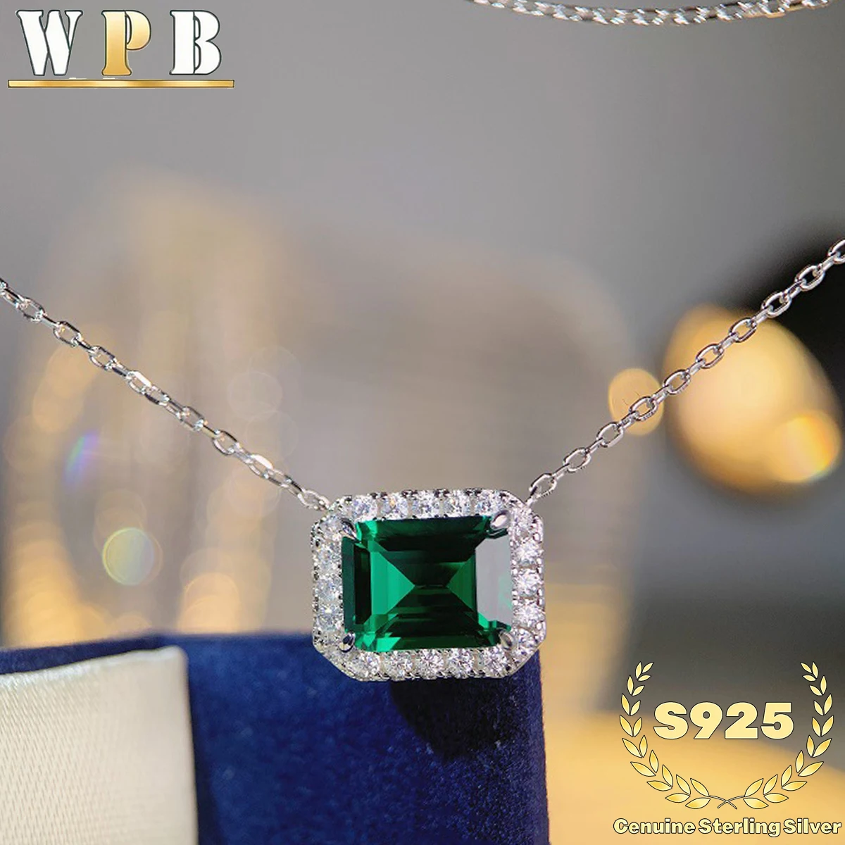 S925 Sterling Silver Necklace Emerald Green Zircon Rectangle Pendant Elegant Dainty Jewelry Birthday Gift for Women