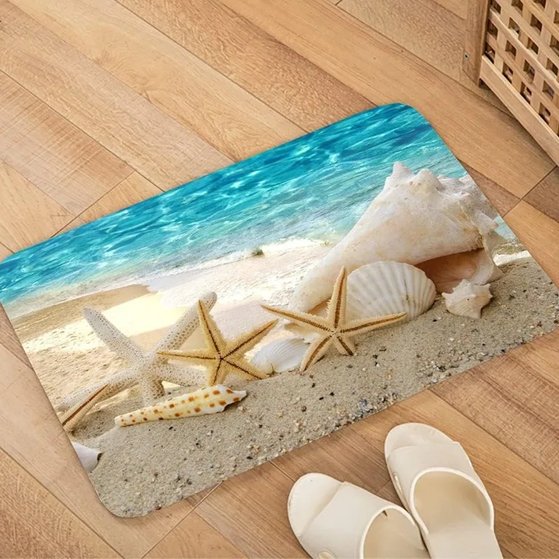 Ocean Beach Door Mat Starfish Seashell Design Welcome Entrance Rug Water Sand Soft Non-Slip Doormat Coastal Style Doorway Mat