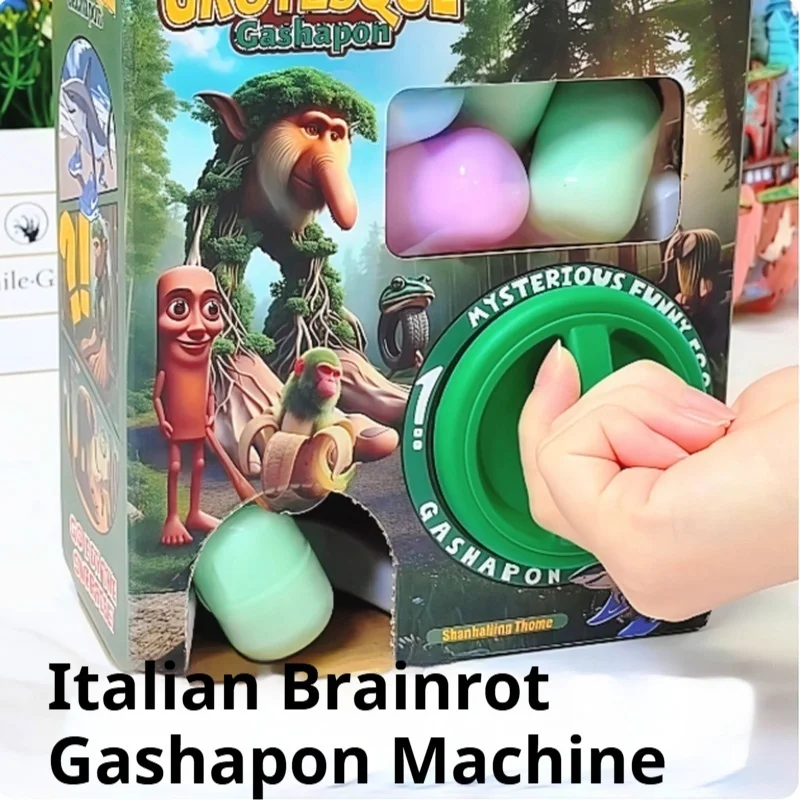 Máquina italiana de huevos torcidos de Brainrot, cápsula divertida sorpresa DIY, huevo Tung Tung Sahur, palo de madera, caja ciega, juguete, regalo de cumpleaños para niños