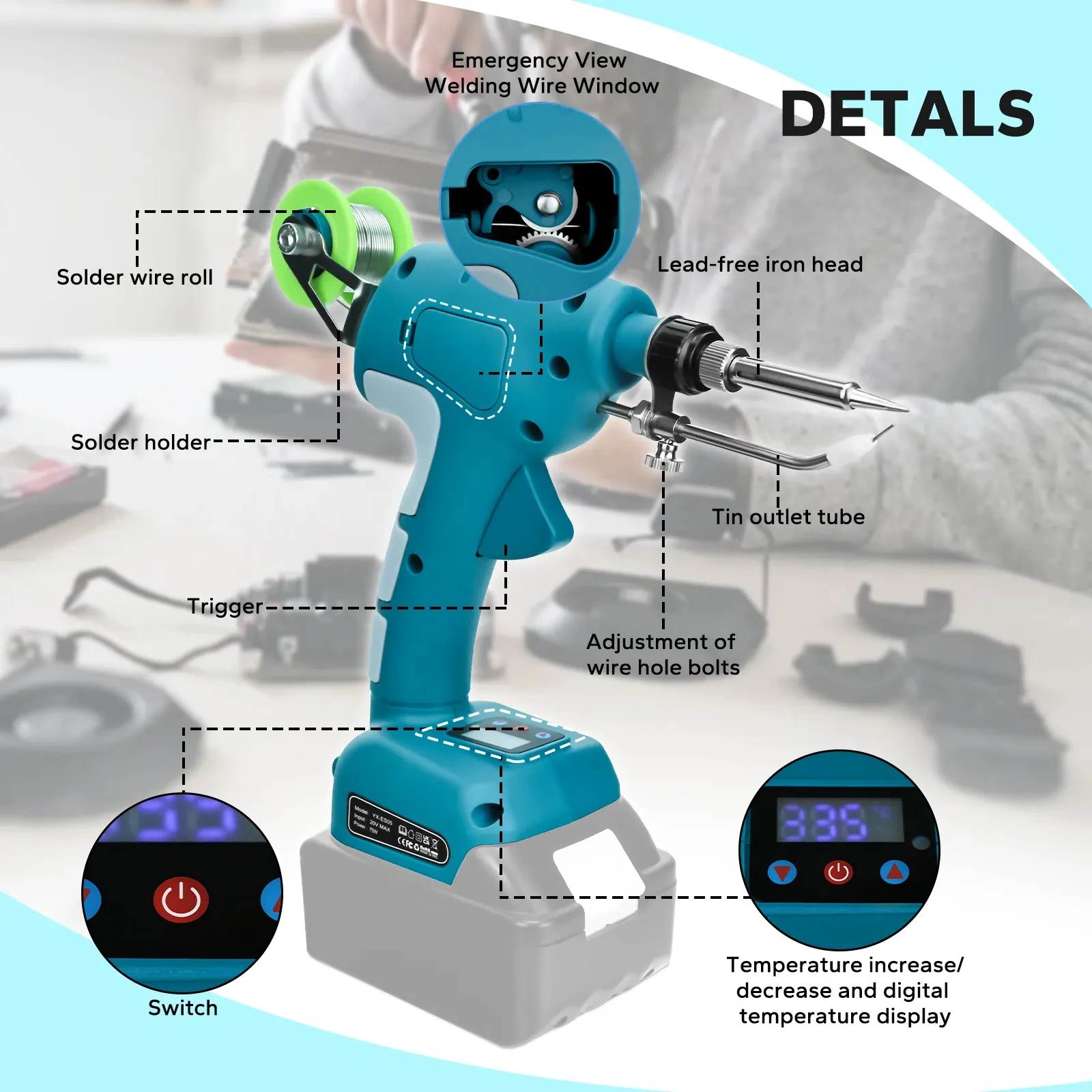 Electric Soldering Iron Cordless for Makita/Bosch/Milwaukee/Dewalt/Ryobi18V with Temperature Display Tin Welding Gun Repair Tool