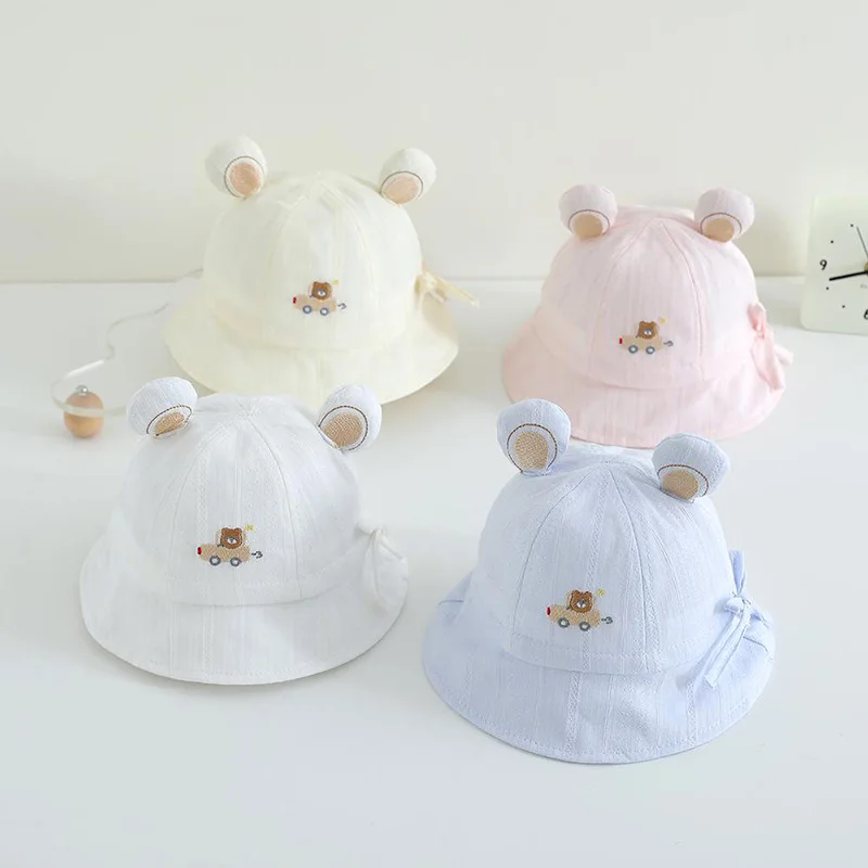 

Summer Baby Sun Hat Cute Cartoon Bear Fisherman Cap Thin Cotton Breathable Children UV Protection Basin Caps 3-12M Infant Visors