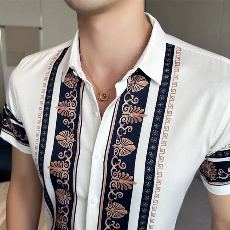 2023 Summer New Fashion Short Sleeve Print Shirt Men Slim Fit Business Social Party Dress Shirts Streetwear Plus Size 6XL-M