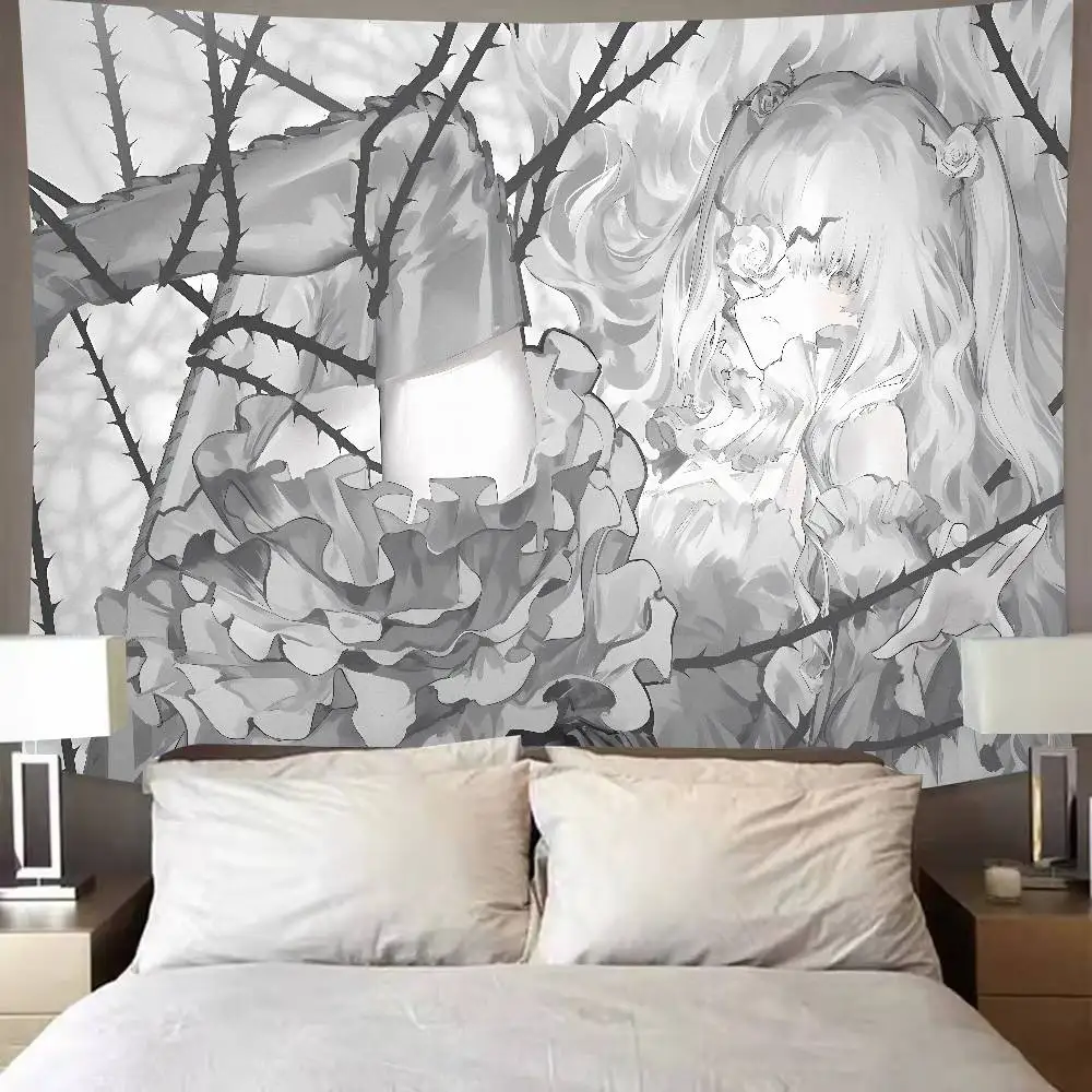 Monochrome Gothic Anime Girl Tapestry, Dark Aesthetic Thorn And Rose Illustration Wall Hanging, Vintage Lolita Style Wall Decor