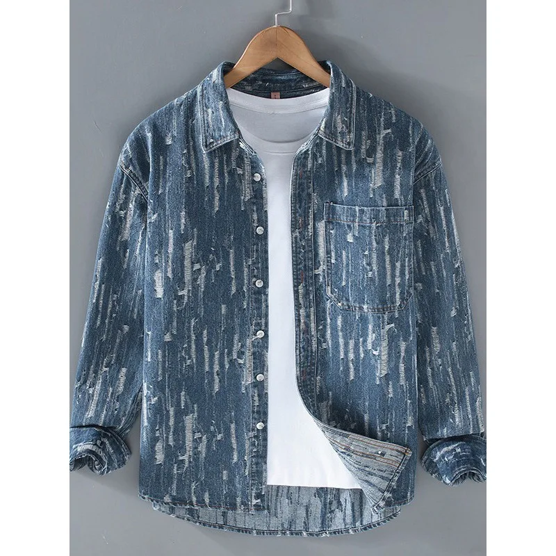 Computer Jacquard Woven Denim Shirts for Men Spring Fall Korean Fashion Versatile Coats 24SS Y2k Youth Male Tops High Quality