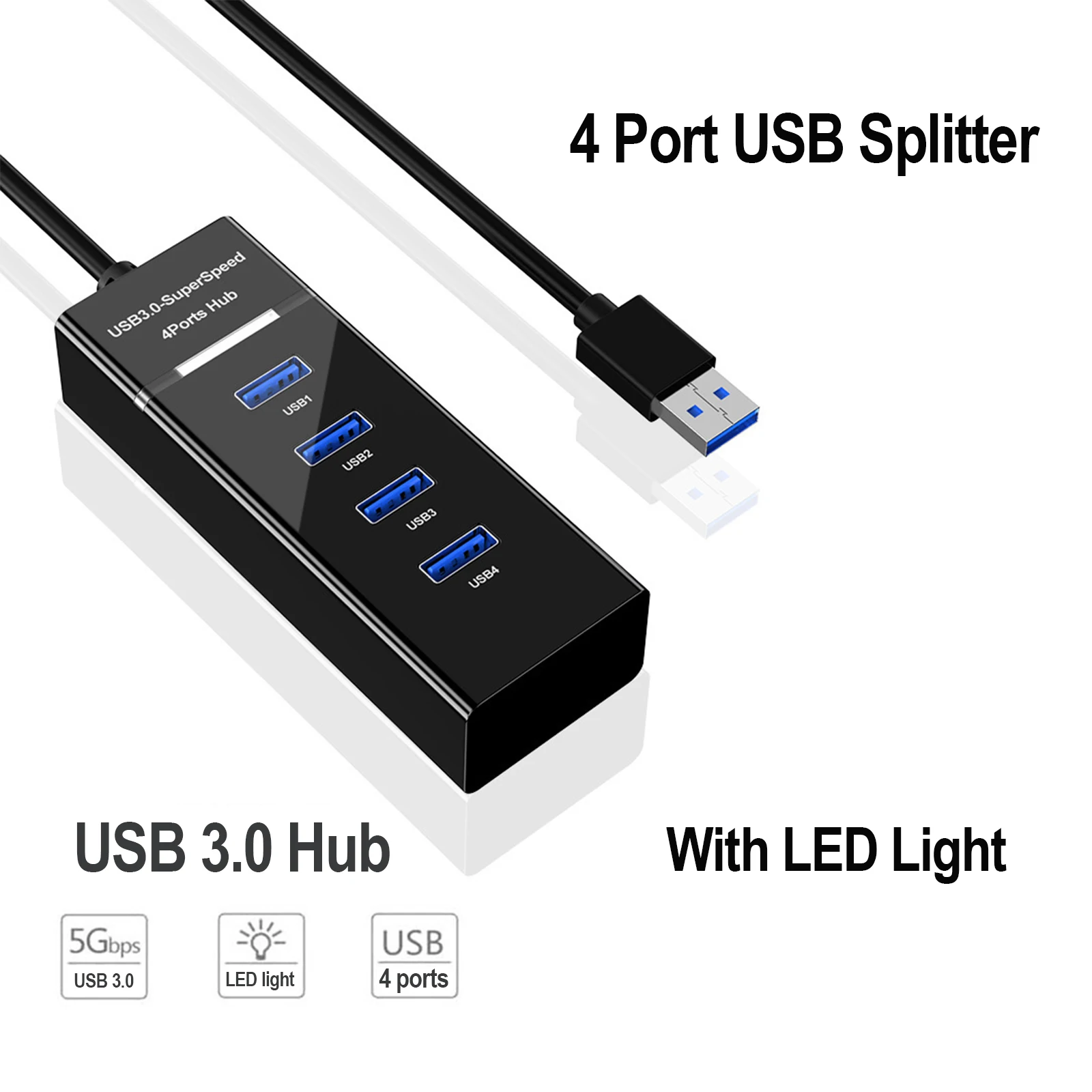 

USB3.0 Hub with LED, 4 Port USB Hub Splitter for Desktop, Laptop, Xbox, Flash Drive, HDD, Console, Printer, PC, Keyboards, etc.