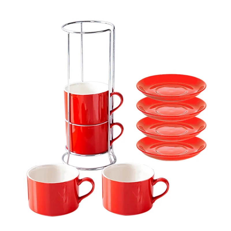 

AAAC-Porcelain Stackable Cappuccino Cups With Saucers And Metal Stand, Espresso Cups For Latte Coffee Cafe,Specialty Coffee