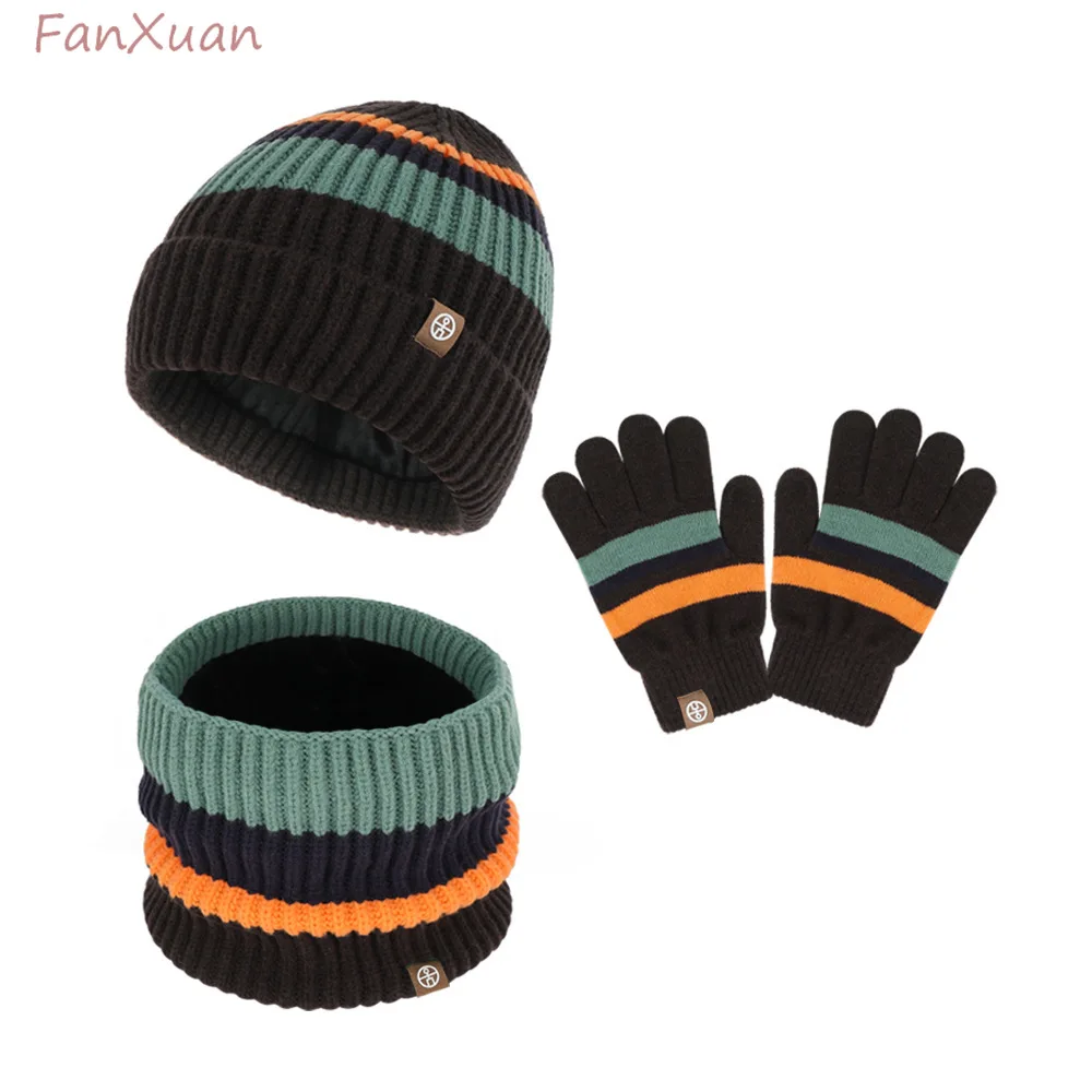 Children Winter Hats Snood Gloves Set 3pcs Boys Girls Knitting Beanies Fleece-lined Plush Lining Thick Winter Caps Sets for Kids