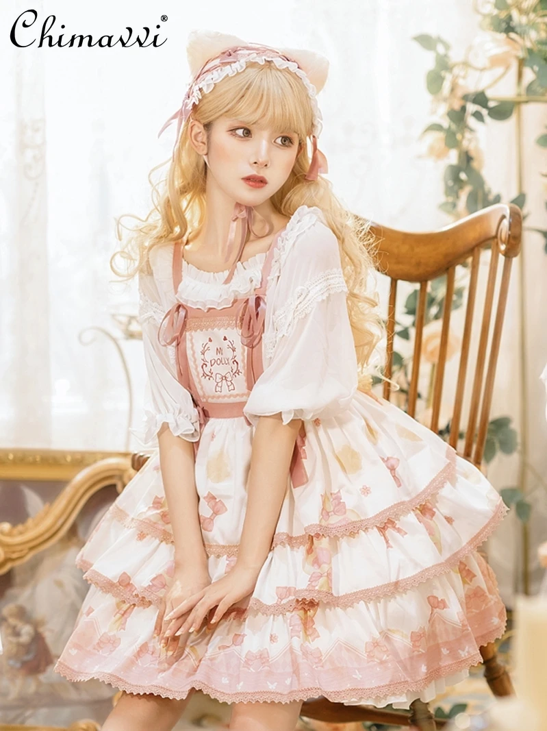 Sweet Cute Bow Lolita Dresses2024  Summer New Girly Style Women's High Waist Slim Temperament Short Kawaii Ladies JSK Dress