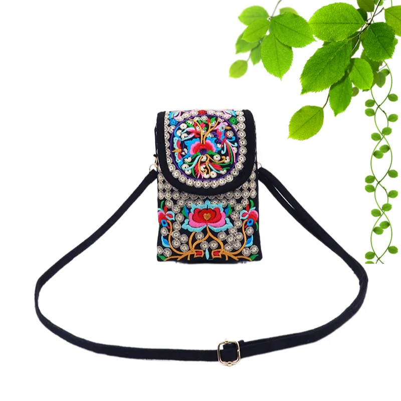 New ethnic style embroidered bag women\'s mobile phone bag clamshell canvas crossbody bag Double mobile phone bag purse