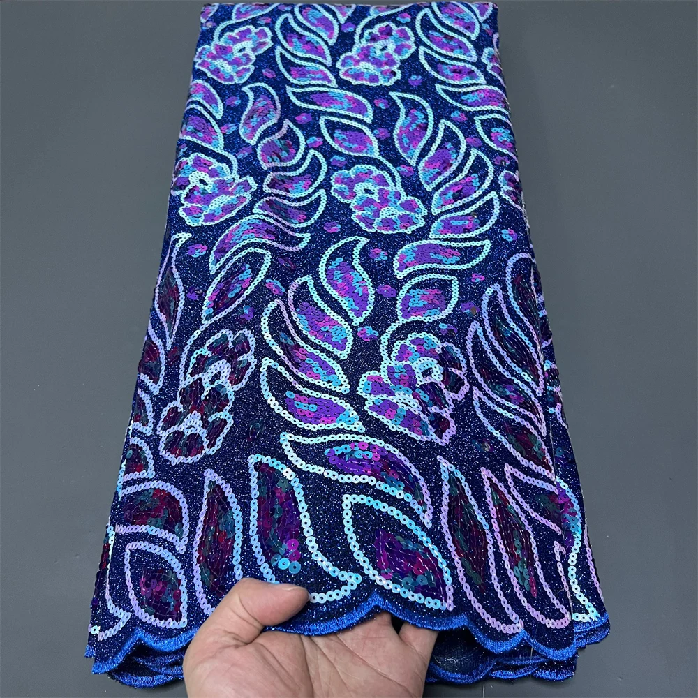 

2025 African Nigerian High-Quality Sequins Tulle Lace Fabric for Prom Dresses Beads Embroidery Sewing Net Cloth 5Yard ZJ102