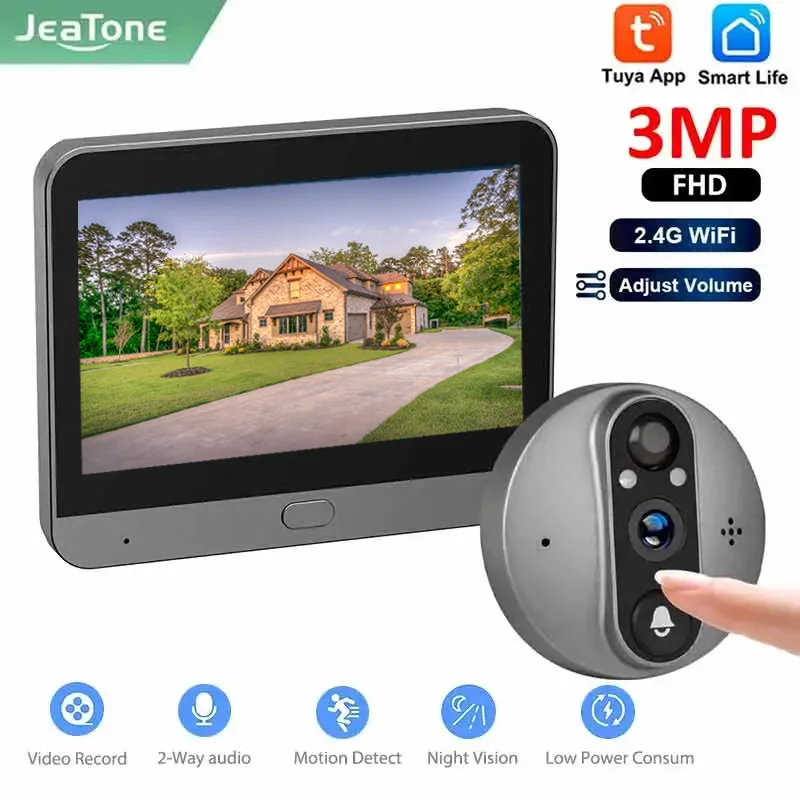 Jeatone 3MP WiFi Smart Tuya Doorbell Door Eye Camera 4.3Inch Peephole Viewer 2.4G Wifi PIR Motion Detection For Home Security