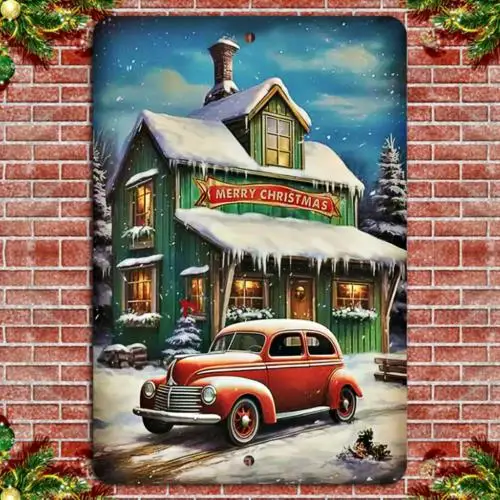 Bonheur de Noël vintage : Scène de cabane confortable et de voiture classique - Aluminium