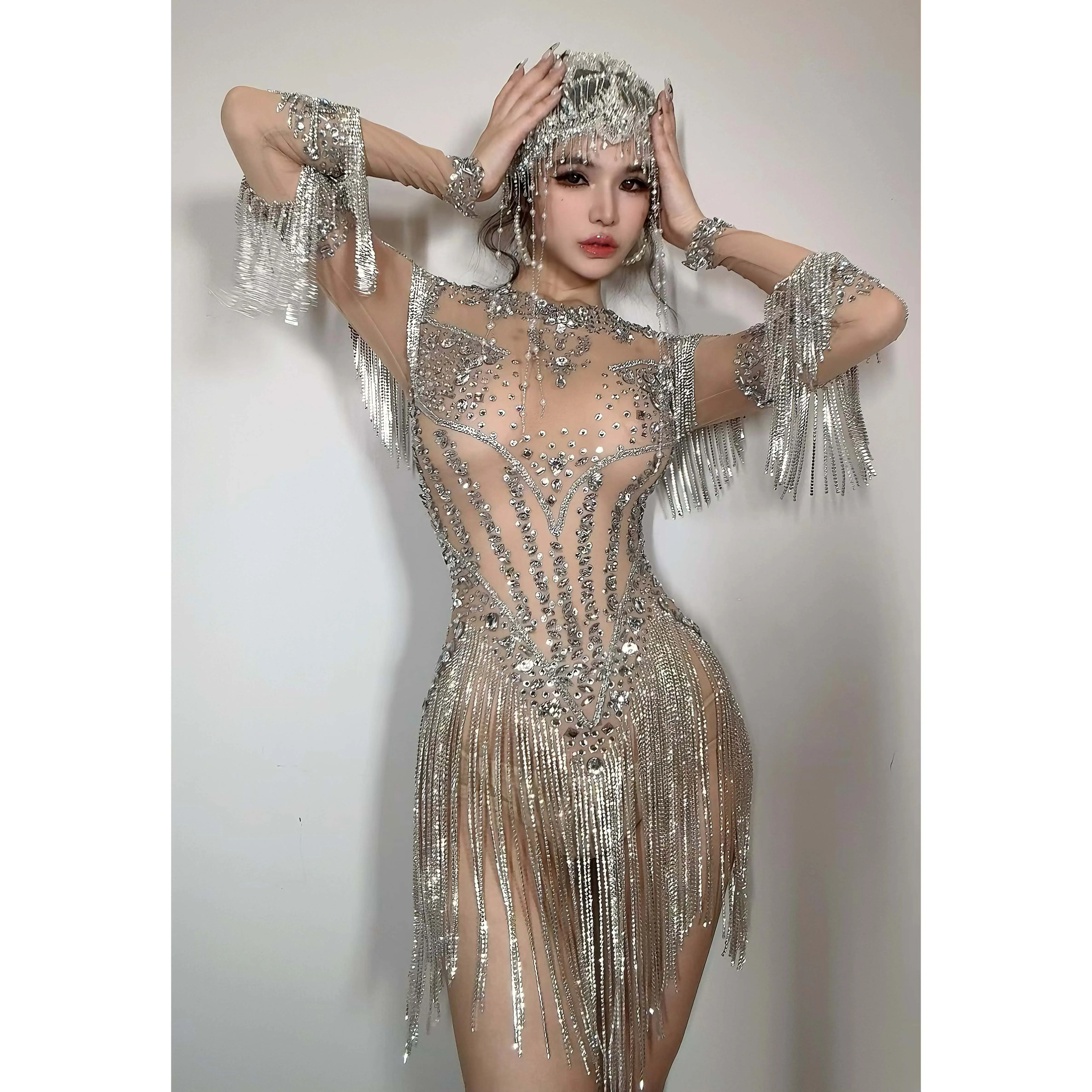 メッシュ長袖パフォーマンスダンス衣装 バーステージウェア クラブレオタード キラキララインストーンチェーン 透明ボディスーツ レディースセクシー