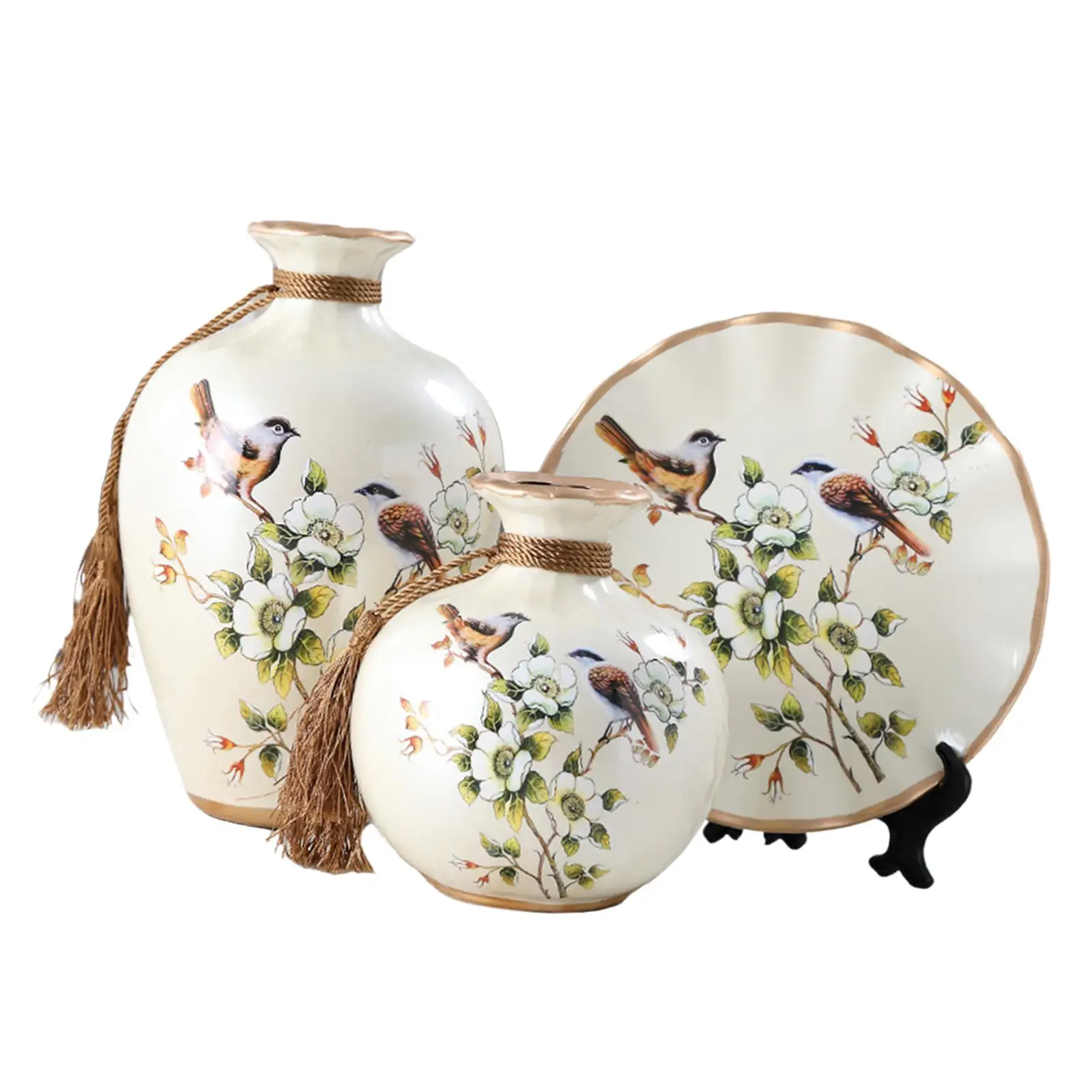 3x Chinese Style Ceramic Vases Bird Pattern Gorgeous Pottery Vase Vase Wobble
